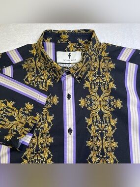 Father Sons Large Black Gold Baroque Purple Stripe Short Sleeve Button Up Shirt